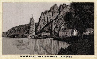 Dinant, de Rocher Bayard en de Maas, Wallonië, België. Chromolithografie van het einde van de 19e eeuw. door Unknown artist
