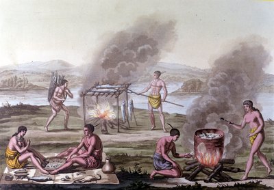 Eet- en kookscène onder de Florida-indianen. Gravure uit de 17e eeuw. door Unknown artist