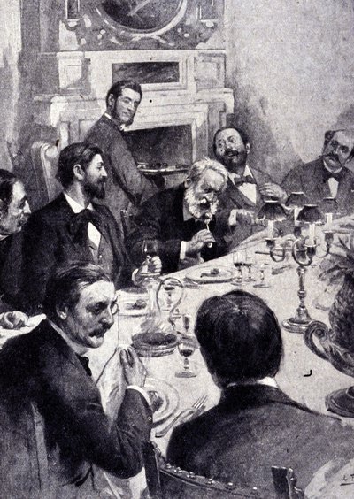 Dineren aan tafel met Victor Hugo en Jean Mounet Sully (Mounet-Sully) (1841 - 1916), Franse acteur. Gravure uit de 19e eeuw. door Unknown artist