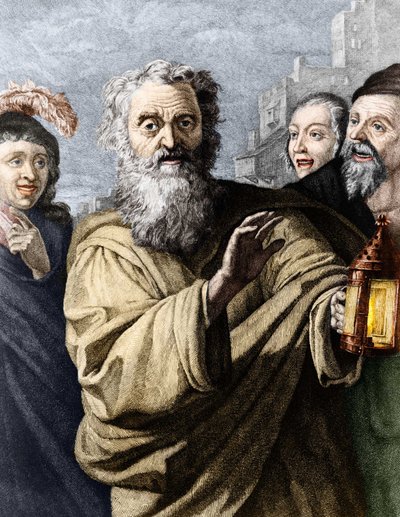 Diogenes (cynische filosoof) en zijn lantaarn, waarmee hij naar een eerlijk man zocht. 19e-eeuwse gravure door Unknown artist