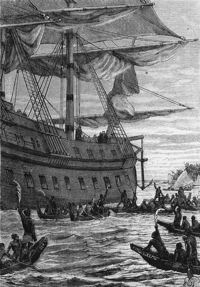 Ontdekking van Indië: reis van Wallis in de Stille Oceaan; Inheemse mensen gaan de kolonisten ontmoeten - in 