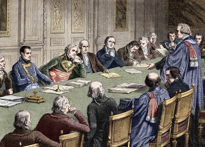 Bespreking van het Burgerlijk Wetboek bij de Raad van State (1800-1804), onder voorzitterschap van de eerste consul, Napoleon Bonaparte heeft zijn linker Jean Jacques Regis de Cambaceres door Unknown artist