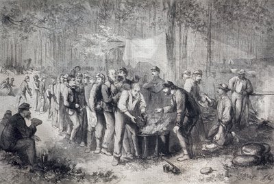 Distributie van rantsoenen aan Noord-Amerikaanse militaire eenheid, Verenigde Staten van Amerika, Amerikaanse Burgeroorlog, gravure door Unknown artist