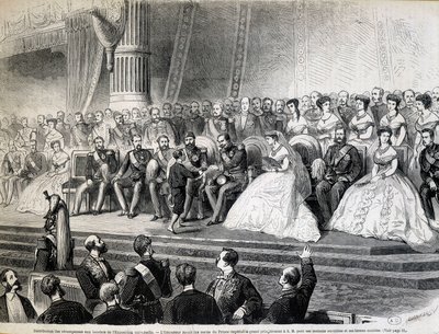 Uitreiking van prijzen aan de laureaten van de Wereldtentoonstelling - De keizer ontvangt van zijn zoon, de keizerlijke prins, de Grand Prix voor zijn arbeidershuizen en modelboerderijen door Unknown artist