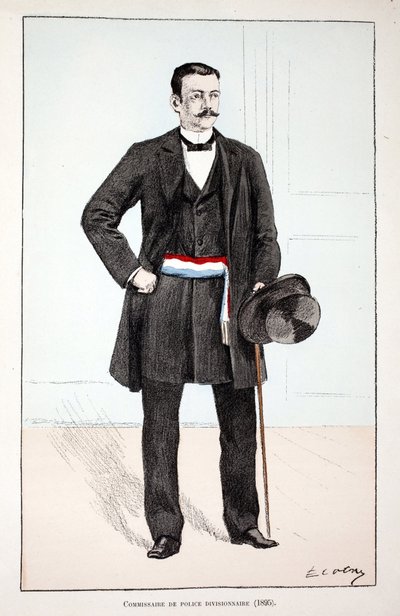 Afdelingspolitiecommissaris (1896). Kleurgravure, ter illustratie van 