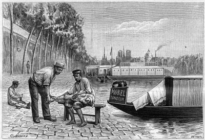 Hondensnijden bij de brug van Solferino in Parijs - gravure in 