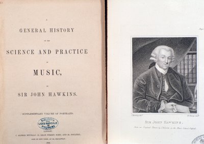 Dubbele pagina en frontispice van Algemene Geschiedenis van de Wetenschap en Praktijk van Muziek door John Hawkins door Unknown artist