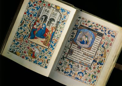 Dubbele pagina van een open manuscript (boek): de nederdaling van de Heilige Geest. Miniatuur naar het Brevier van Maria van Bourgondië door Unknown artist