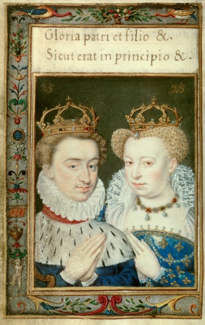Dubbelportret van Hendrik IV koning van Frankrijk en Marguerite de Valois, bekend als koningin Margot. Miniatuur uit het getijdenboek van Catherine de Medici door Unknown artist