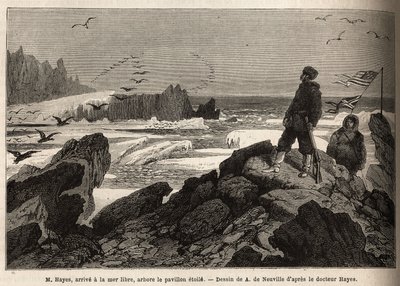 Dr. Hayes, arriveert bij de vrije zee van de Noordpool, het doel van zijn expeditie, plant de Amerikaanse stervlag. Gravure ter illustratie van de reis naar de vrije zee van de Noordpool, door dokter Hayes, chirurg van de Amerikaanse marine, in 1860-1862 door Unknown artist