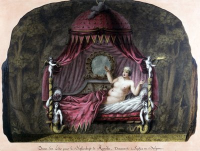 Tekening van een bed voor de bey van Roumelie, woonachtig in Sofia, Bulgarije. Een naakte vrouw nodigt haar uit om zich bij haar te voegen. J. J. Lepreu door Unknown artist