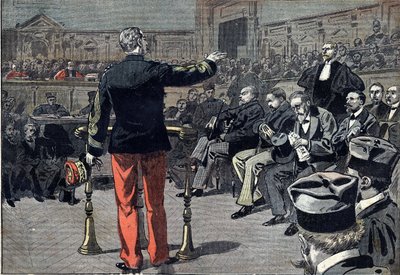 Dreyfus-affaire - Proces van Emile Zola - 1898: Generaal Auguste Mercier (1833-1921) beantwoordt vragen van Fernand Labori (1860-1917), advocaat van de schrijver Emile Zola (1840-1902). Ook afgebeeld zijn de president van de rechtbank Albert Delegorgue, de door Unknown artist