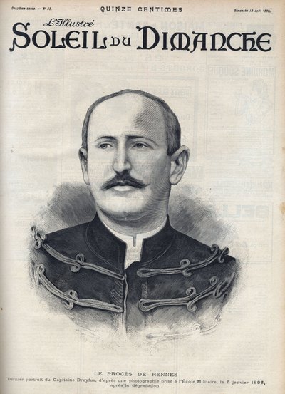 Dreyfus-affaire: portret van Alfred Dreyfus (1859-1935) na zijn degradatie tijdens het proces in Rennes. Gravure in 