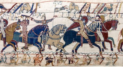 Hertog Willem toont zijn gezicht aan zijn leger, Tapijt van Bayeux (wol borduurwerk op linnen) door Unknown artist
