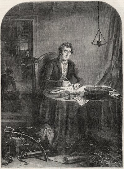 Hertog van Wellington (Arthur Wellesley (1769-1852)) schrijft een bericht na Waterloo, 19 juni 1815 - gravure 1852 door Unknown artist
