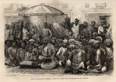 Durbar (feodale en juridische raad van een prinselijke staat) van Maharaja Rana, van het koninkrijk Dholepore (Rajasthan). Gravure ter illustratie van 