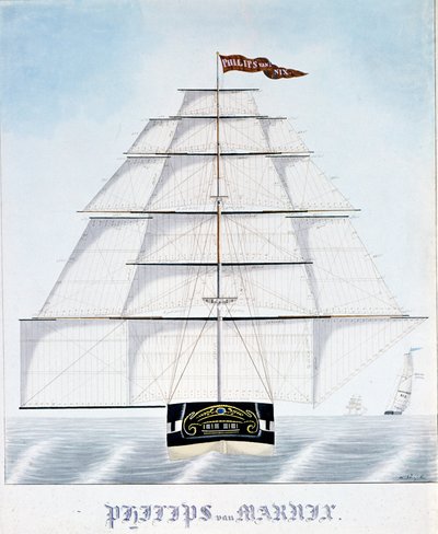 Nederlandse clipper Philip van Marnix rust extra zeilen uit. Illustratie door W. Naujoks. 19e eeuw door Unknown artist