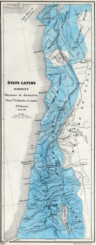 Oost-Latijnse Staten voor 1144 - Koninkrijk Jeruzalem - Vorstendom Antiochië - Graafschap Edessa - Kaart voorbereid door M J-H Schnitzler, Historische en Pittoreske Atlas 1858 door Unknown artist