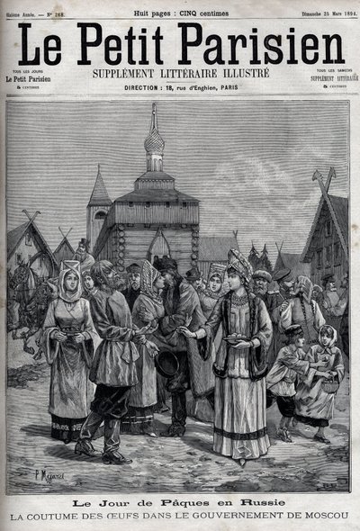 Paasdag in Rusland: de gewoonte van eieren in de regering van Moskou. Omhelzingen van de inwoners die rode eieren aanbieden om de opstanding van Christus te vieren. Gravure in 