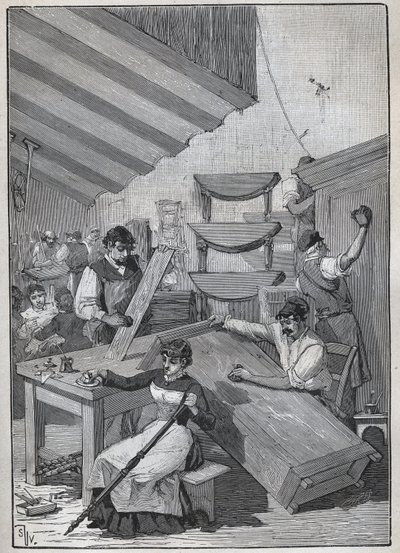 Ebenisterie: stempelverniswerkplaats. Gravure uit 1885 in 