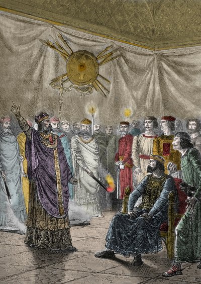 Edmund Rich, aartsbisschop van Canterbury, dreigt Hendrik III te excommuniceren - Sint Edmond van Canterbury (1170-1242), genaamd Sint Edme (Edmund Rich) dreigt Hendrik III Plantagenet (1207-1272) te excommuniceren - Gravure in 