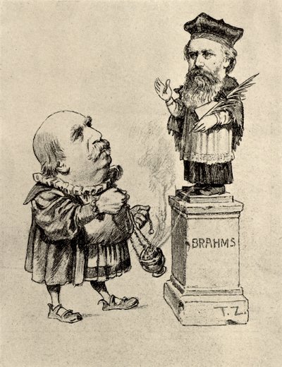 Eduard Hanslick (1825-1904) Oostenrijkse muziekcriticus, aanbiddend Brahms op een voetstuk door Unknown artist