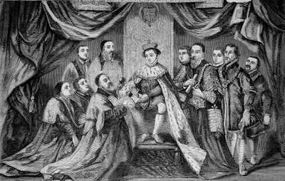 Edward VI (1547 -1553), Koning van Engeland, verleent een privilege door het ondertekenen van een charter aan Bridewell - volgens Hans Holbein. door Unknown artist