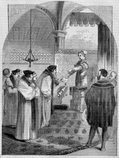 Eduard VI (1547-1553), Koning van Engeland, presenteert het certificaat van Joan Bocher aan Aartsbisschop Cranmer door Unknown artist