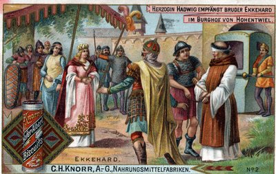 Ekkehard IV van St. Gallen of Eckhard, Eckhart (980-1057) geleerde en Latijnse dichter. Hertogin Hadwig ontvangt Broeder Ekkehard op de binnenplaats van het kasteel van Hohentwiel. Verso: 