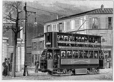 Elektrische trams van Parijs naar Aubervilliers: uitzicht op een luchttram buiten Parijs. Gravure in 