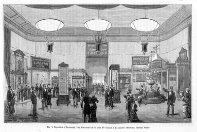 Elektriciteitstentoonstelling: overzicht van kamer XV verlicht met elektrisch licht, Jaspar-systeem - in "La Nature" door Unknown artist