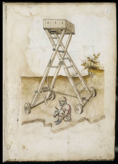 Elevatieapparaat en vastgebonden gevangene - Manuscript: perkamentblad van een ingenieurshandboek voor de bouw van civiele, religieuze en militaire gebouwen, anoniem, eind 15e eeuw (figuur in Chinese inkt) door Unknown artist