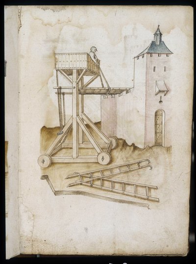 Verhogingssysteem en schalen - Manuscript: perkamentblad van een ingenieurshandboek voor de bouw van civiele, religieuze en militaire gebouwen, anoniem, eind 15e eeuw (figuur in Chinese inkt) door Unknown artist