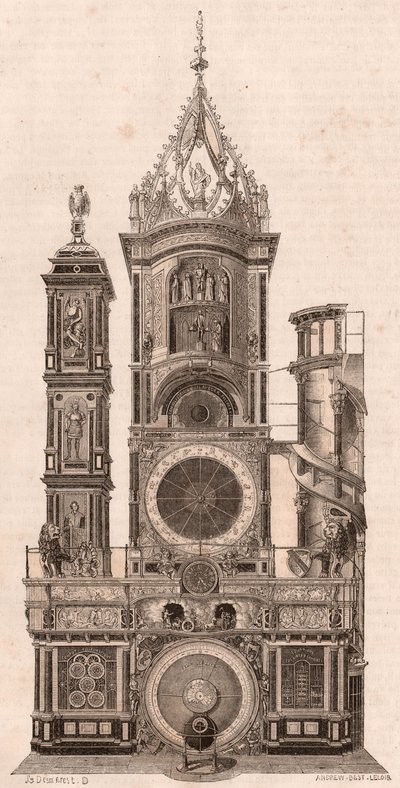 Elevatieaanzicht van de astronomische klok in de Kathedraal van Onze-Lieve-Vrouw van Straatsburg, Frankrijk door Unknown