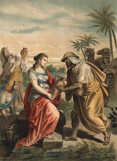 Eliezer, de dienaar van Abraham, heeft zojuist Rebekka gevonden, de toekomstige vrouw van Isaak (gravure uit 1881 in 