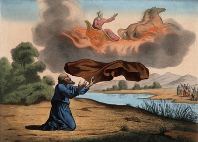 Elia opgeheven naar de hemel laat zijn mantel achter aan Elisa als teken van opvolging. De twee profeten gingen naar Jericho toen Elia werd meegenomen door een vurige wagen getrokken door vurige paarden, gestuurd door God, in een stormachtige lucht. Anonie door Unknown artist