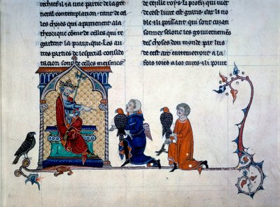 Keizer Frederik II (1194-1250) ontvangt miniatuur valkeniers uit De arte venandi Cum avibus door Unknown artist