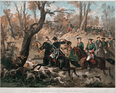 Keizer Napoleon III (1808-1873) en zijn vrouw Eugenia de Montijo (1826-1920) wandelend door het bos van Compiegne. Lithografie in kleur rond 1855 Milaan Museo del Risorgimento door Unknown artist