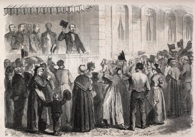 Keizer Napoleon III op het terras van de villa van Strauss in Vichy, begroet door de mensen van het platteland op zondag 7 juli 1861 - Gravure in 