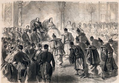 Keizer Napoleon III en keizerin Eugénie de Montijo ontvingen plechtig de Japanse ambassadeurs in de Tuilerieën in Parijs op 13 april 1862. Gravure in 