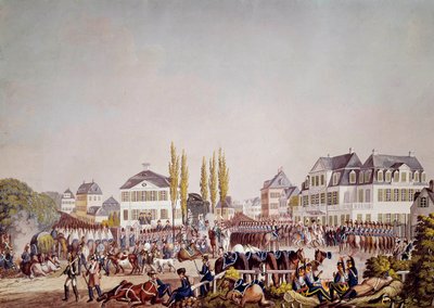 Keizer Napoleon I inspecteert de troepen in Frankfurt. Gravure uit 1813 door Unknown artist
