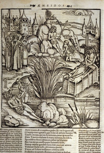 Eneide van Virgil (70 v.Chr.-19 v.Chr.), Boek XII, de Trojaanse held Enee wordt wonderbaarlijk behandeld door Venus, waarna hij besluit de stad van Latinus te bestormen. De koning van Lazio sterft (rechts) en Enee zal koning worden door te trouwen met de d door Unknown artist