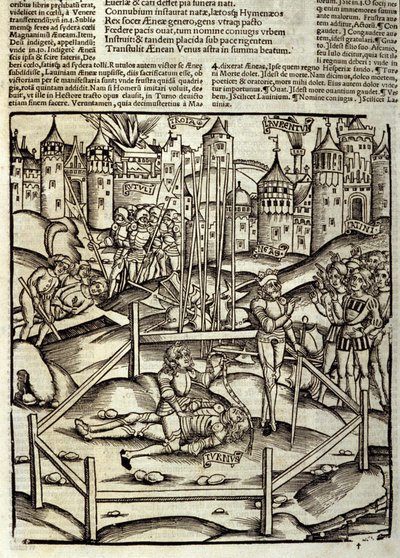 Eneide van Virgil (70 v.Chr.-19 v.Chr.), Boek XII, de Trojaanse held Enee doodt in een Turnus-gevecht onder de ogen van de Latijnen en Rutules. Houtsnede door Sebastian Brant (1458-1521). Straatsburg door Unknown artist