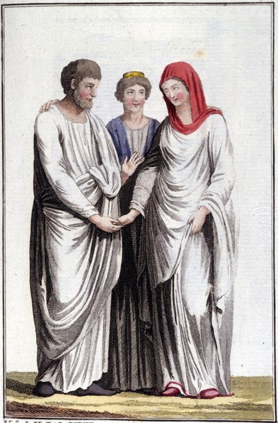 Verloving of huwelijksbelofte: dextrarum iunctio of vereniging van rechterhanden. Gravure uit de 19e eeuw. door Unknown artist