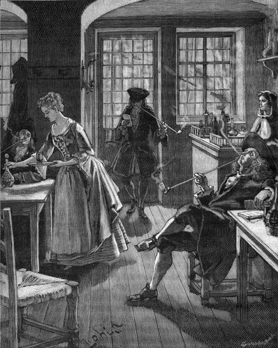Engeland, eind 17e eeuw: mannen roken in een café. Gravure uit de 19e eeuw. In 