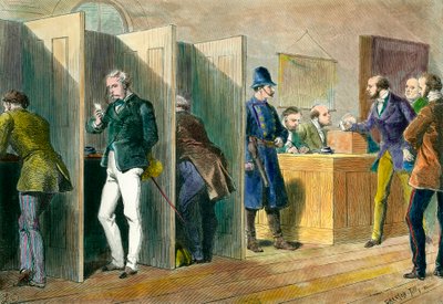 Engelse democratie: Binnen een stembureau tijdens verkiezingen in Engeland met weergave van de stemhokjes. Gravure uit de 19e eeuw. Coll. Out. door Unknown artist