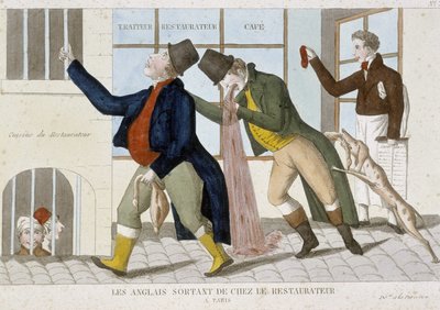 Engelsen verlaten het restaurant (braken) - gravure door Unknown artist