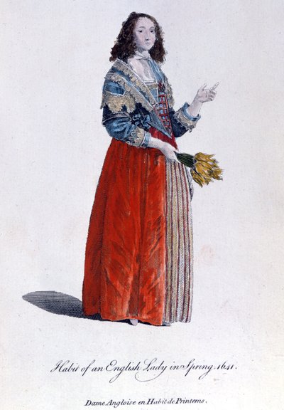 Engelse vrouw in lentekleding in 1641 (gravure) door Unknown artist