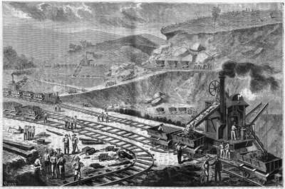 Gravure uit 1885 die het werk van het boren van de Isthmus van Panama toont. Uitzicht op een van de aanvallen bij de scheepswerf van Emperador. door Unknown artist