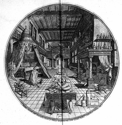 Gravure van het “Amphitheatrum sapientiae aeternae” (Amfitheater van eeuwige wijsheid) (Hamburg: n.n.) door Unknown artist